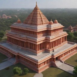 Generate a realistic image of the majestic Ram Mandir, highlighting its intricate architecture and divine atmosphere.