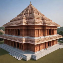 Generate a realistic image of the majestic Ram Mandir, highlighting its intricate architecture and divine atmosphere.