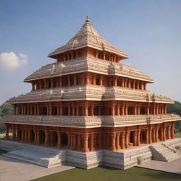 Generate a realistic image of the majestic Ram Mandir, highlighting its intricate architecture and divine atmosphere.