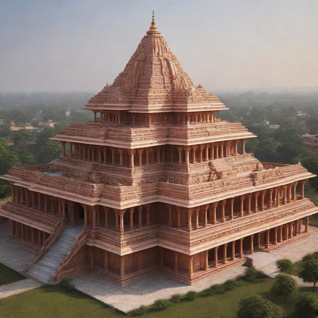 Generate a realistic image of the majestic Ram Mandir, highlighting its intricate architecture and divine atmosphere.