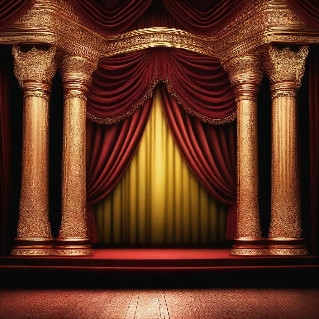 An image of a lavish theater stage set, adorned with luxurious fabric drapes embroidered with gold, under the warm glow of lantern lights