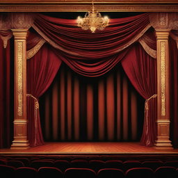 An image of a lavish theater stage set, adorned with luxurious fabric drapes embroidered with gold, under the warm glow of lantern lights