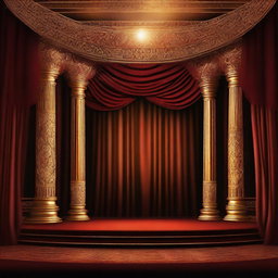 An image of a lavish theater stage set, adorned with luxurious fabric drapes embroidered with gold, under the warm glow of lantern lights