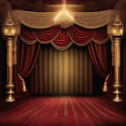 An image of a lavish theater stage set, adorned with luxurious fabric drapes embroidered with gold, under the warm glow of lantern lights