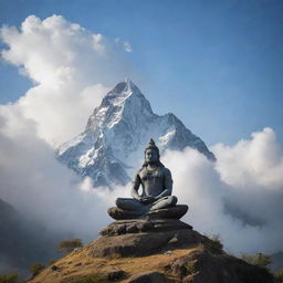 Mahadev, the Hindu deity, in a tranquil state of sleep, lying atop a majestic, cloud-shrouded mountain peak. His divine aura illuminates the serene and sacred surroundings.