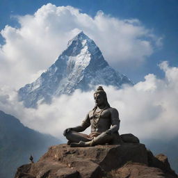 Mahadev, the Hindu deity, in a tranquil state of sleep, lying atop a majestic, cloud-shrouded mountain peak. His divine aura illuminates the serene and sacred surroundings.