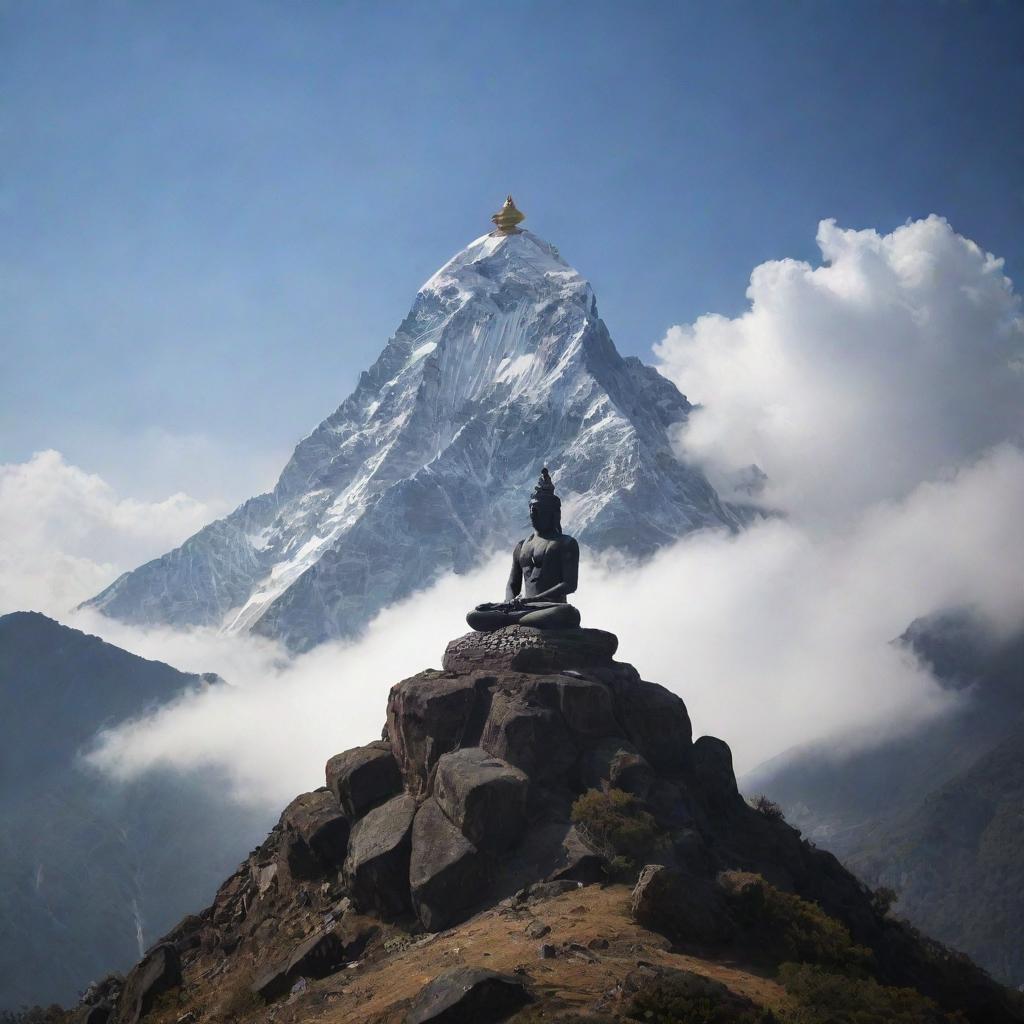 Mahadev, the Hindu deity, in a tranquil state of sleep, lying atop a majestic, cloud-shrouded mountain peak. His divine aura illuminates the serene and sacred surroundings.