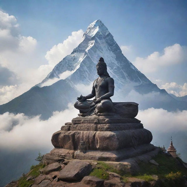 Mahadev, the Hindu deity, in a tranquil state of sleep, lying atop a majestic, cloud-shrouded mountain peak. His divine aura illuminates the serene and sacred surroundings.