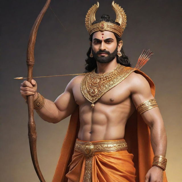 A realistic representation of Lord Ram in traditional attire, accessorized with a bow and arrow.