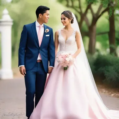The bride looked stunning in her bicolor wedding gown, with a white bodice and a pink skirt.