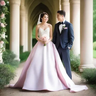 The bride looked stunning in her bicolor wedding gown, with a white bodice and a pink skirt.