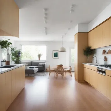 To create an open-concept living space, the architect decided to tump over the dividing walls between the kitchen and living room.