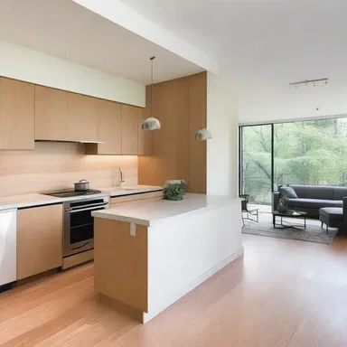 To create an open-concept living space, the architect decided to tump over the dividing walls between the kitchen and living room.