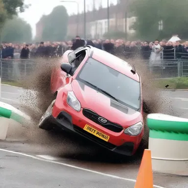 In the action-packed scene, the car tumps over as it crashes through the barriers.