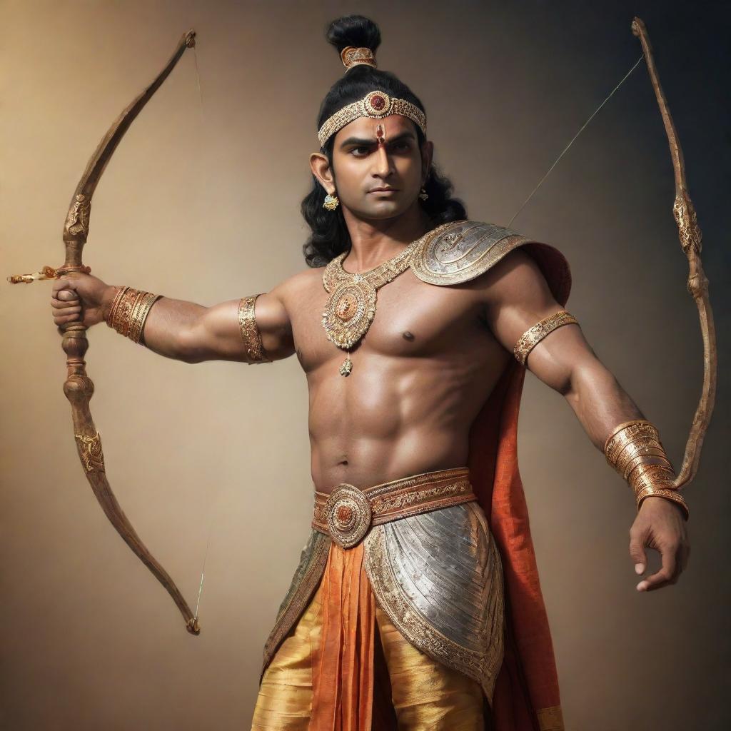 A realistic image of Lord Shri Ram, dressed in royal attire, confidently holding a bow and arrow in his hands.