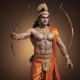 A realistic image of Lord Shri Ram, dressed in royal attire, confidently holding a bow and arrow in his hands.