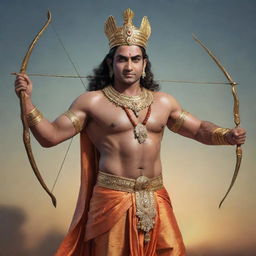 A realistic image of Lord Shri Ram, dressed in royal attire, confidently holding a bow and arrow in his hands.