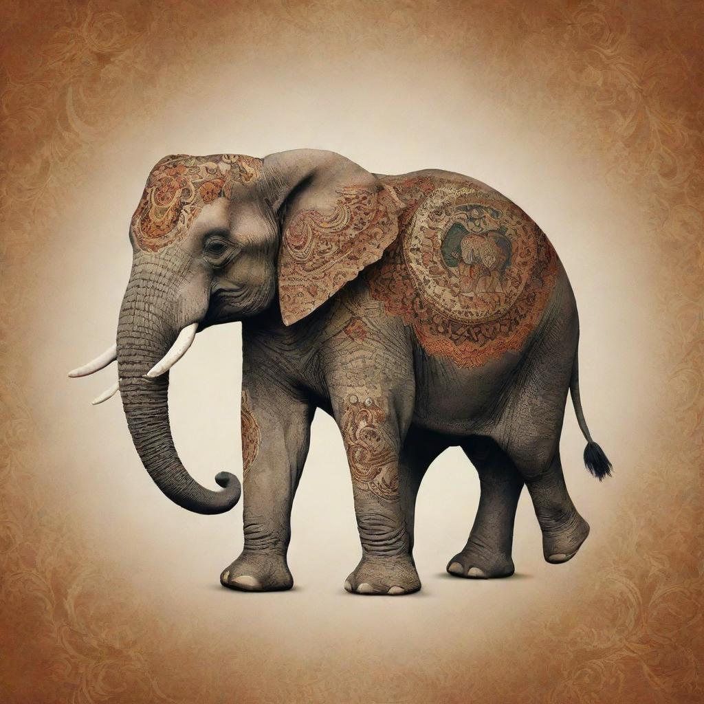 An artistic wallpaper design featuring an elegant elephant symbolizing prosperity. It should radiate with vibrant colors and intricate designs, embodying a sense of prosperity and richness.