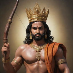 A realistic depiction of Lord Ram, adorned with a majestic crown, firmly holding a bow and arrow in his hands.