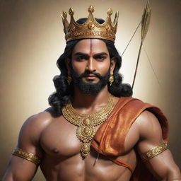 A realistic depiction of Lord Ram, adorned with a majestic crown, firmly holding a bow and arrow in his hands.