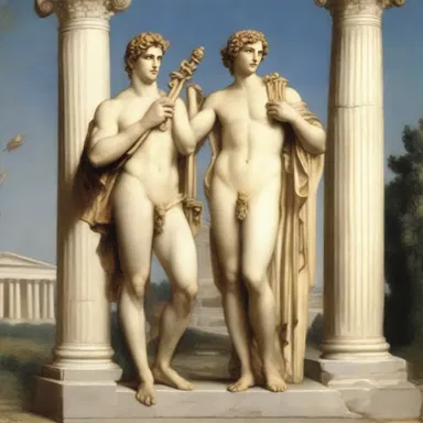 In ancient Greek mythology, the god Apollo is often depicted holding a lyre while standing next to a column decorated with a beautiful gorgerin.