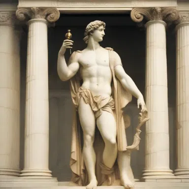 In ancient Greek mythology, the god Apollo is often depicted holding a lyre while standing next to a column decorated with a beautiful gorgerin.