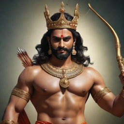 A realistic depiction of Lord Ram, adorned with a majestic crown, firmly holding a bow and arrow in his hands.