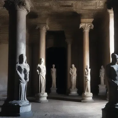 The eerie mansion had a dark room filled with statues, each featuring a sinister gorgerin at the top of their columns, casting strange shadows in the dim light.