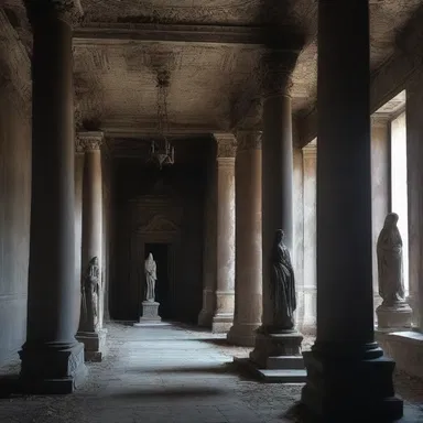 The eerie mansion had a dark room filled with statues, each featuring a sinister gorgerin at the top of their columns, casting strange shadows in the dim light.