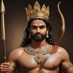 A realistic depiction of Lord Ram, adorned with a majestic crown, firmly holding a bow and arrow in his hands.