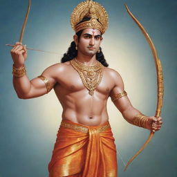 Realistic image of Lord Ram without a beard, sporting a tilak on his forehead, crowned, and holding a bow and arrow in his hands