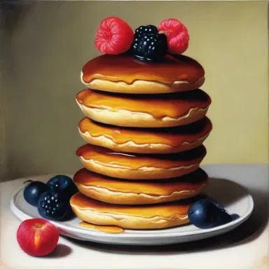 The still-life painting depicted a stack of golden flannel-cakes topped with syrup and berries.