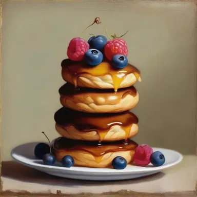 The still-life painting depicted a stack of golden flannel-cakes topped with syrup and berries.