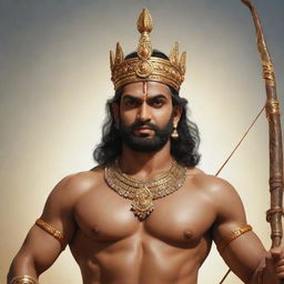 Realistic image of Lord Ram without a beard, sporting a tilak on his forehead, crowned, and holding a bow and arrow in his hands