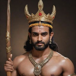 Realistic image of Lord Ram without a beard, sporting a tilak on his forehead, crowned, and holding a bow and arrow in his hands