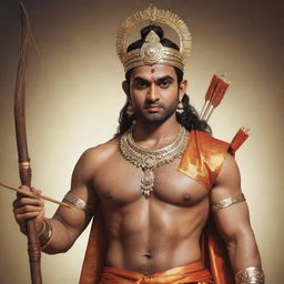 Realistic image of Lord Ram without a beard, sporting a tilak on his forehead, crowned, and holding a bow and arrow in his hands