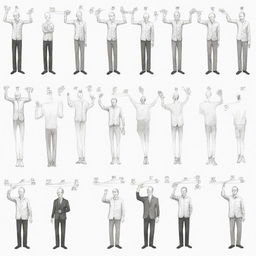 A beginner's sketch-style illustration of twenty distinct crane hand signals, each figure should be fully visible from head to toe, each accompanied by a label indicating the name of the signal.