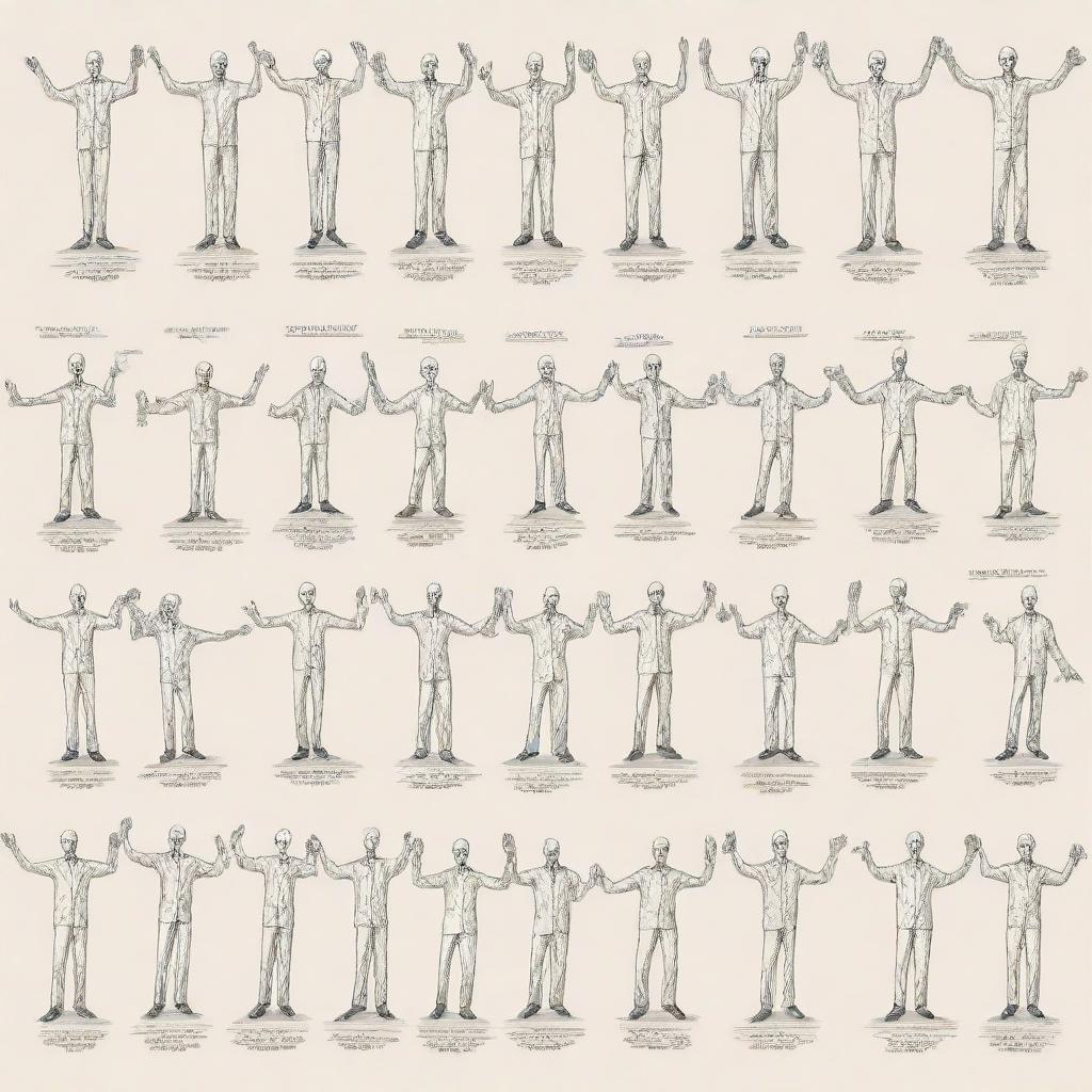 A beginner's sketch-style illustration of twenty distinct crane hand signals, each figure should be fully visible from head to toe, each accompanied by a label indicating the name of the signal.