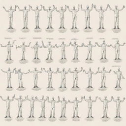 A beginner's sketch-style illustration of twenty distinct crane hand signals, each figure should be fully visible from head to toe, each accompanied by a label indicating the name of the signal.