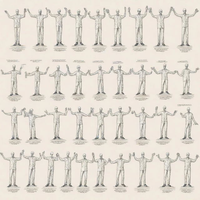 A beginner's sketch-style illustration of twenty distinct crane hand signals, each figure should be fully visible from head to toe, each accompanied by a label indicating the name of the signal.