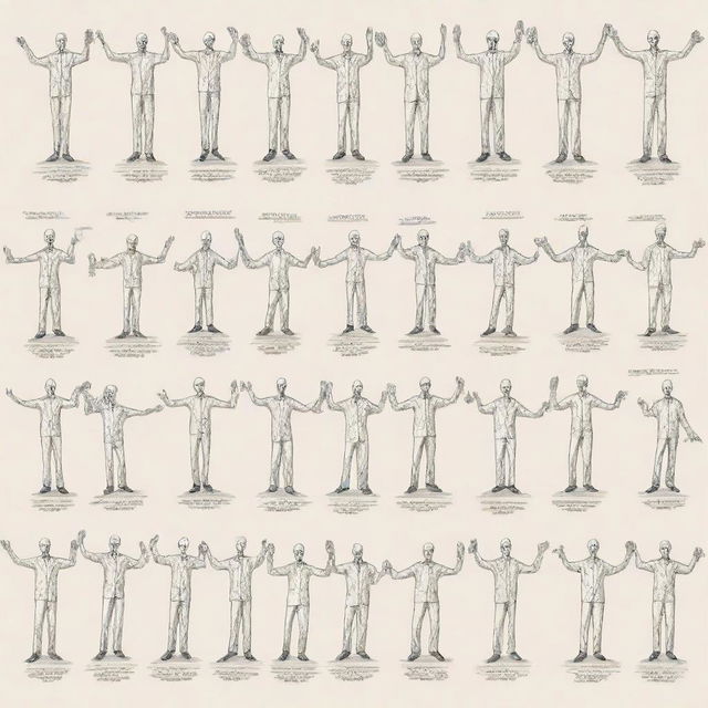 A beginner's sketch-style illustration of twenty distinct crane hand signals, each figure should be fully visible from head to toe, each accompanied by a label indicating the name of the signal.