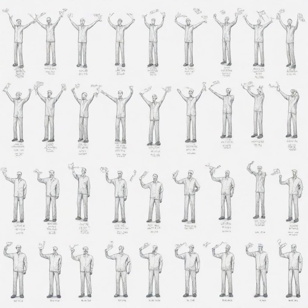 A beginner's sketch-style illustration of twenty distinct crane hand signals, each figure should be fully visible from head to toe, each accompanied by a label indicating the name of the signal.