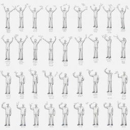 A beginner's sketch-style illustration of twenty distinct crane hand signals, each figure should be fully visible from head to toe, each accompanied by a label indicating the name of the signal.