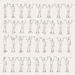 A beginner's sketch-style illustration of twenty distinct crane hand signals, each figure should be fully visible from head to toe, each accompanied by a label indicating the name of the signal.