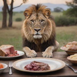 A breathtaking view of a majestic lion in the middle of a meal. The scene showcases the lion's sheer power, and the cycle of life and nature with the deer as its prey.