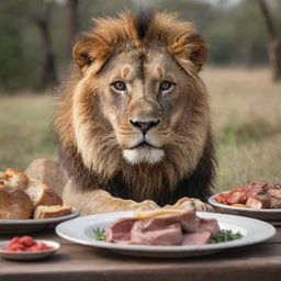 A breathtaking view of a majestic lion in the middle of a meal. The scene showcases the lion's sheer power, and the cycle of life and nature with the deer as its prey.