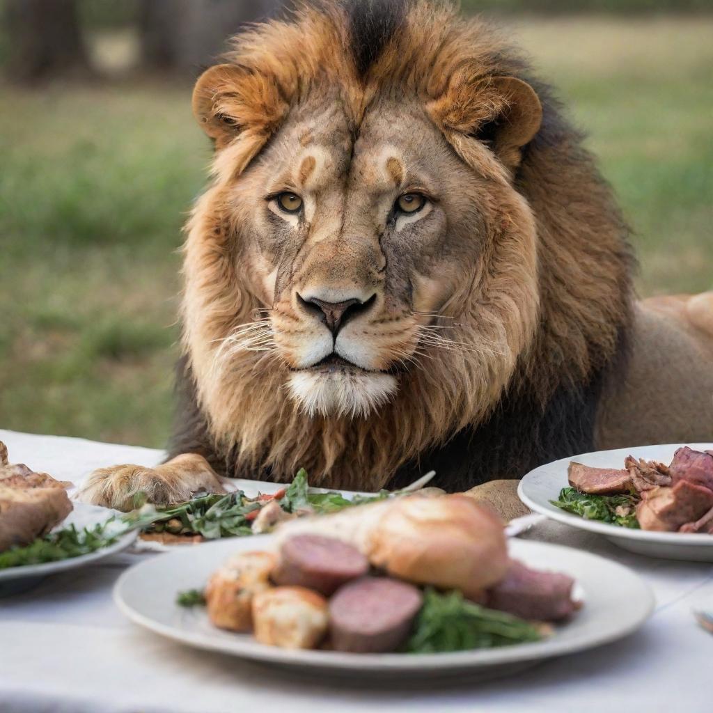 A breathtaking view of a majestic lion in the middle of a meal. The scene showcases the lion's sheer power, and the cycle of life and nature with the deer as its prey.