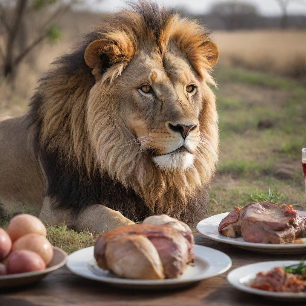 A breathtaking view of a majestic lion in the middle of a meal. The scene showcases the lion's sheer power, and the cycle of life and nature with the deer as its prey.