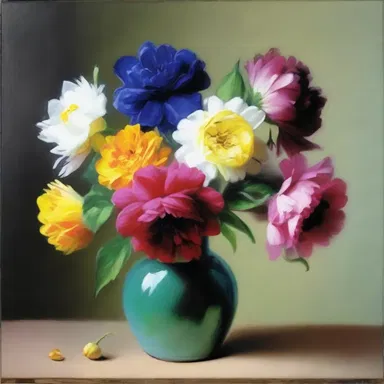 The artist used different colors to depict the various odours emitting from the flowers in the still life painting.
