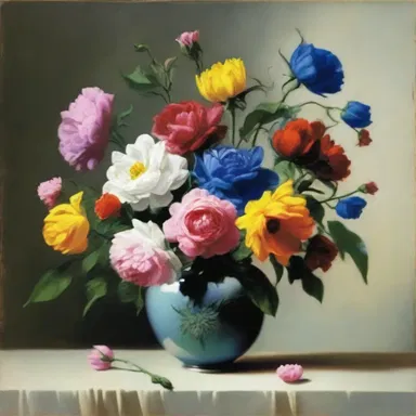 The artist used different colors to depict the various odours emitting from the flowers in the still life painting.